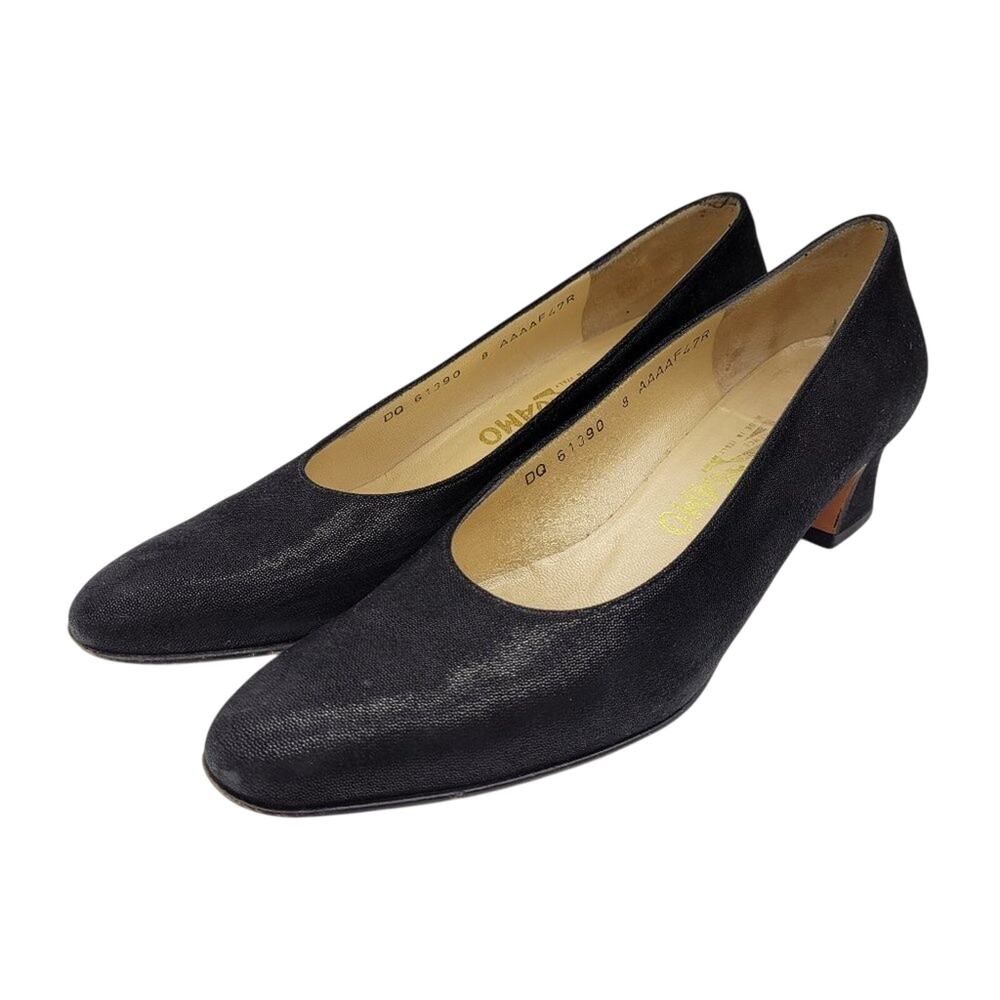 SALVATORE FERRAGAMO "Dublino" Pebble Suede Kid Leather Pumps Black - Size 8 AAAA